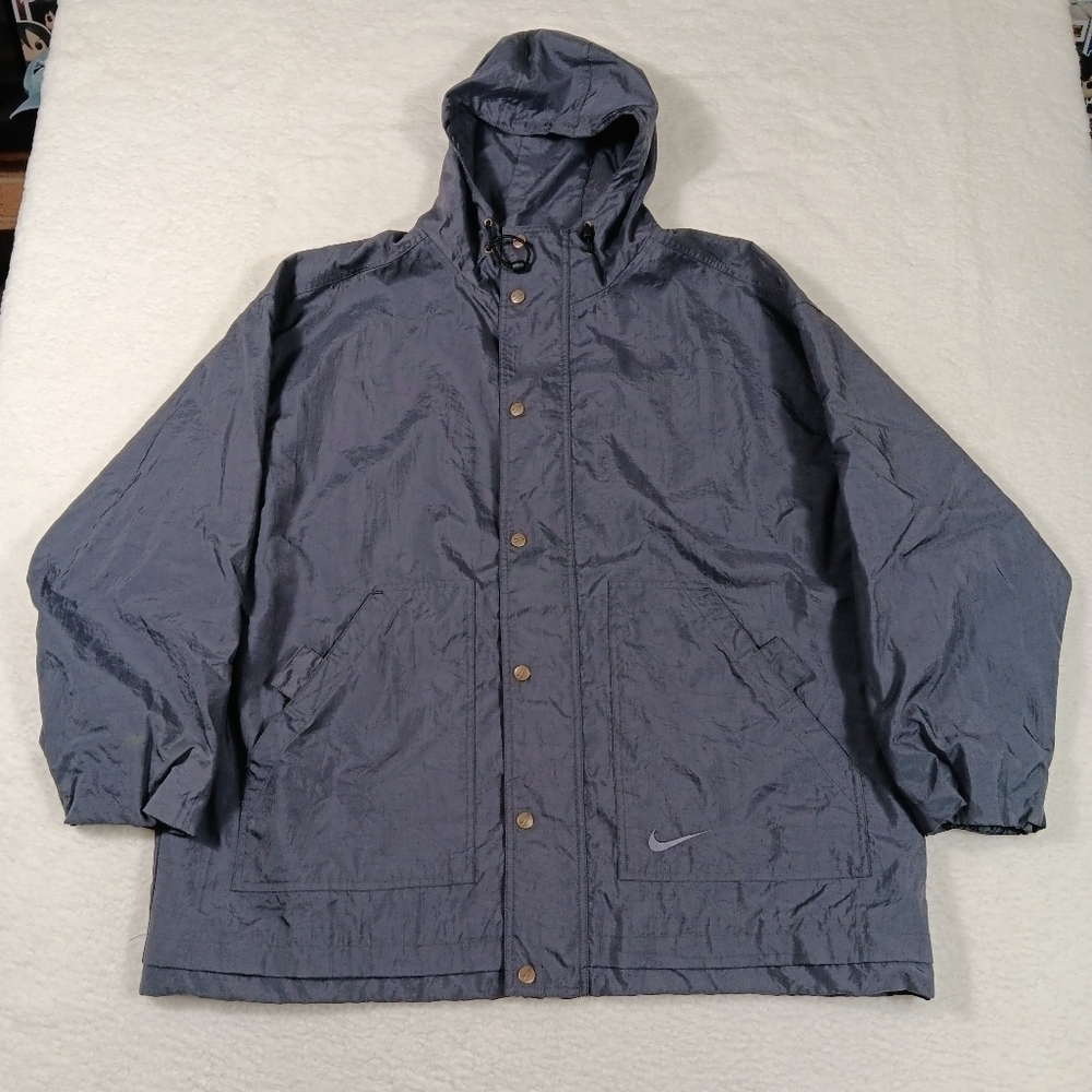 Vintage 90s Nike Jacket Mens Large Gray Raincoat Windbreaker Hoodied Full Zip